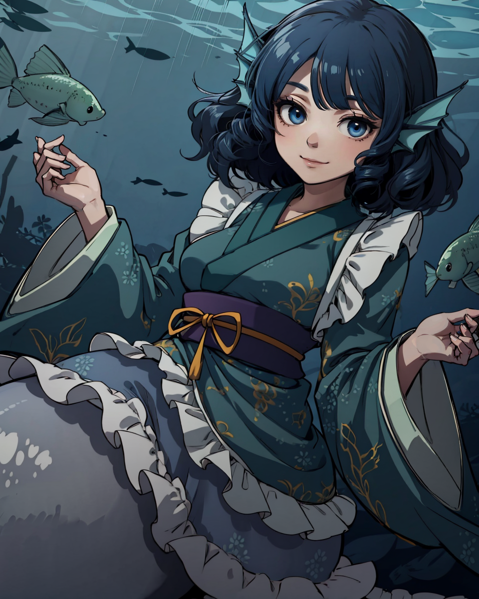 00827-3019779765-_lora_Wakasagihime_1_, wakasagihime, 1girl,mermaid, monster girl,blue hair,short hair,blue eyes,head fins,japanese clothes, kimo.png